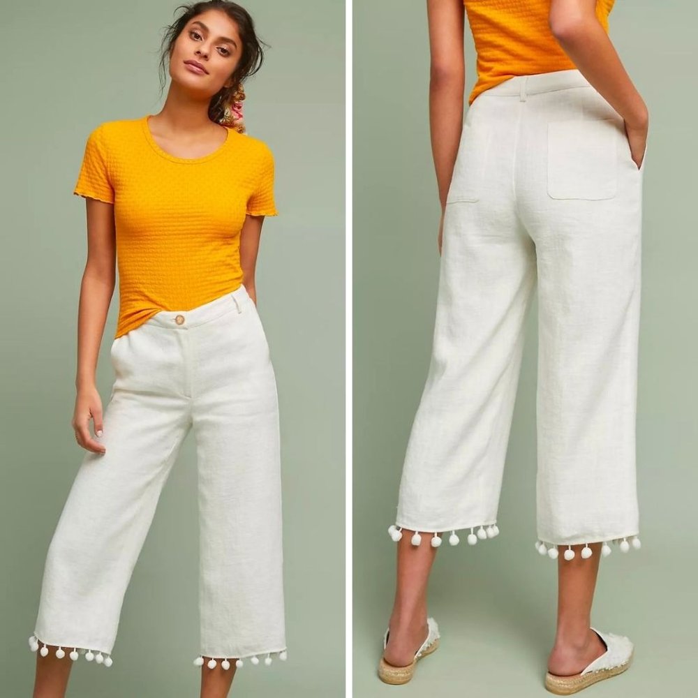 Anthro Moon River Pommed Linen Wide-Leg Pants